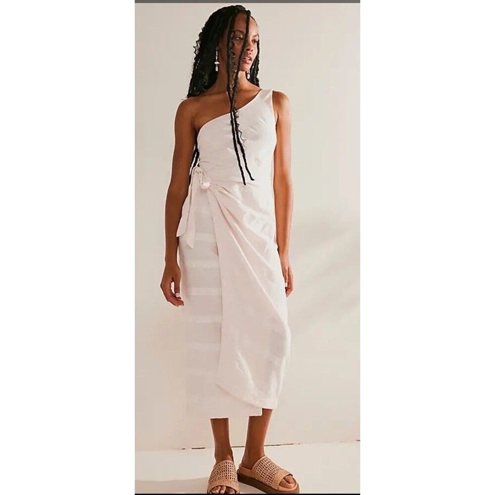 Free People At Leisure Delicacy One Shoulder Midi Dress Sz S Linen Cotton
